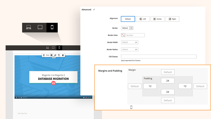 magento page builder margin and padding settings for responsive layouts