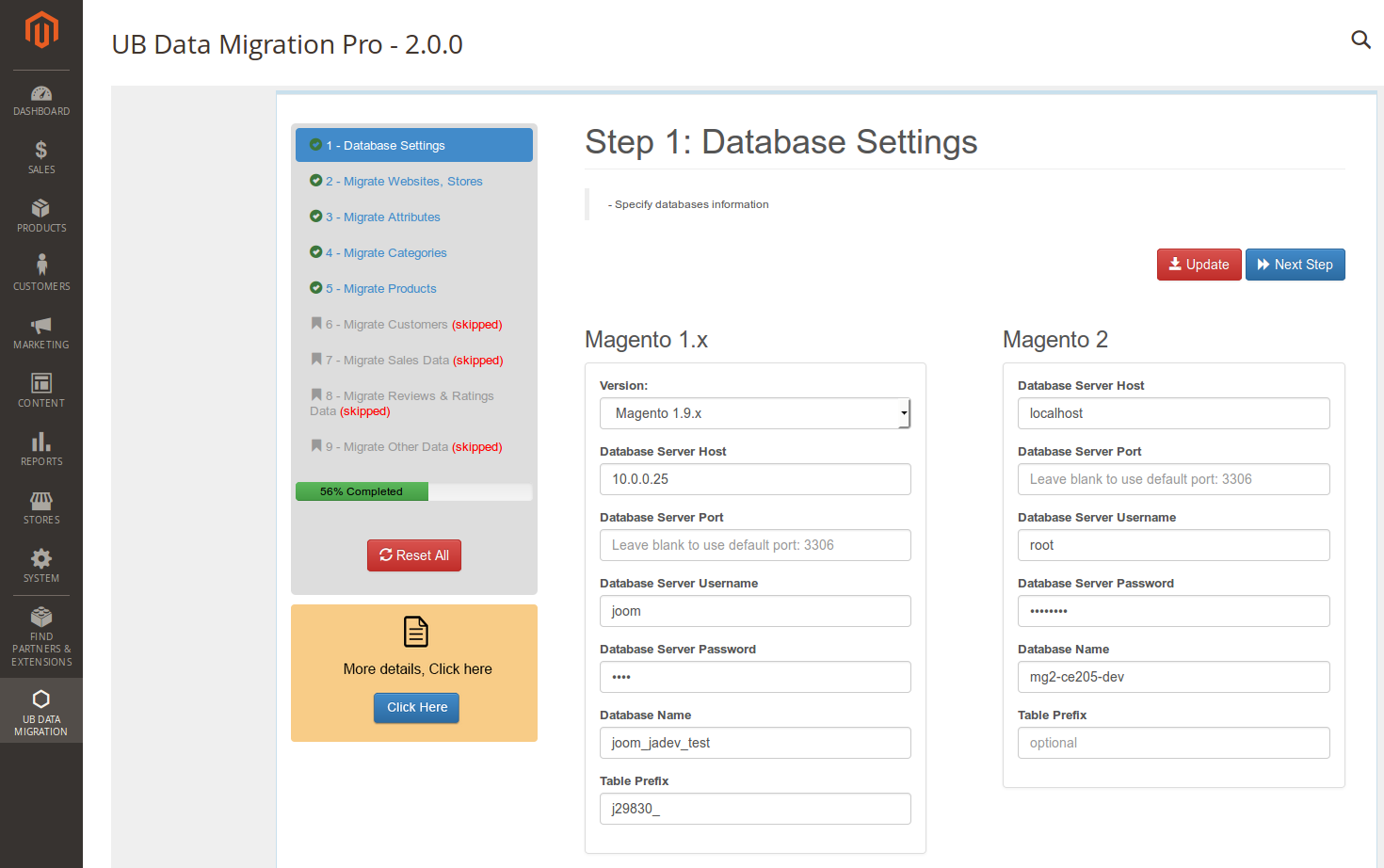 Step 1 - Database settings